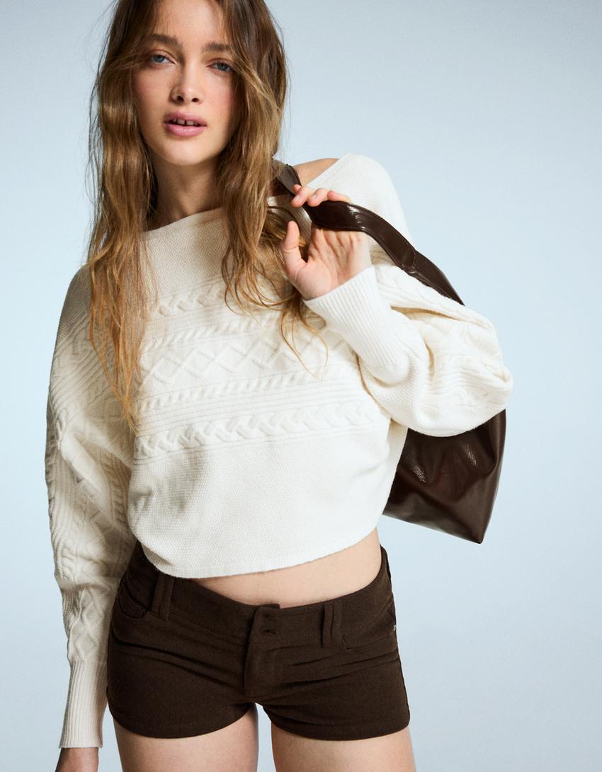 Braided boat neck jumper-Cream