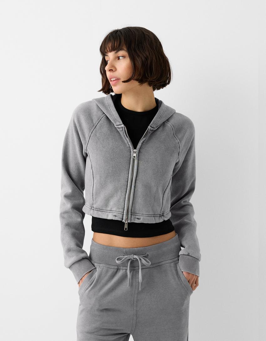 Cropped zip-up hoodie-Grey-0