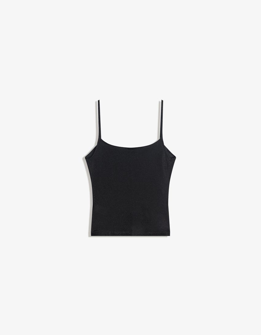Metallic thread strappy top-Black