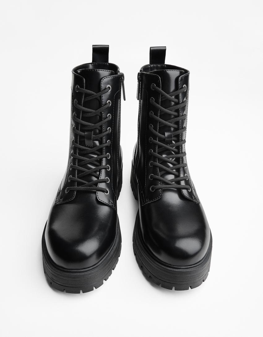 Lace-up track sole ankle boots-BLACK