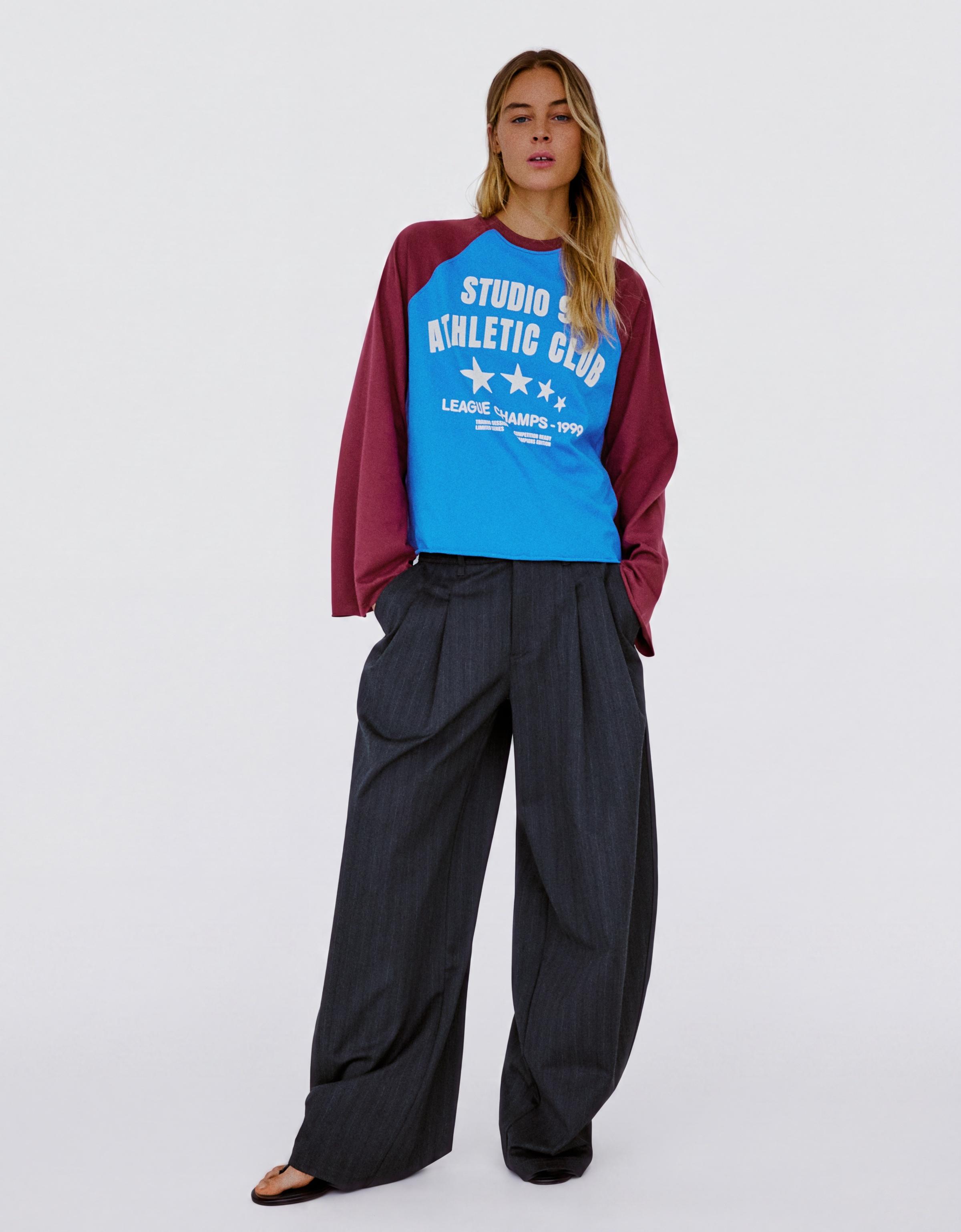 Long-sleeve contrast print raglan T-shirt — Blue