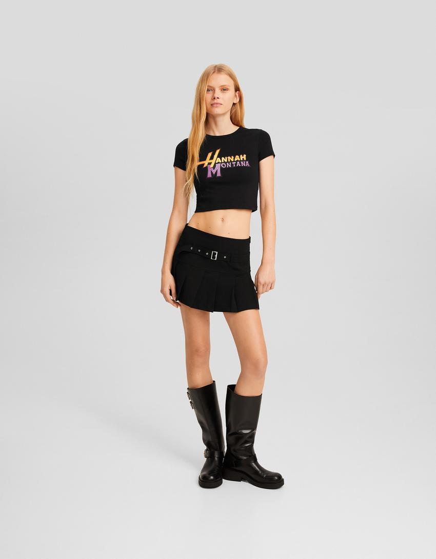Hannah Montana print short sleeve cropped T-shirt-Black