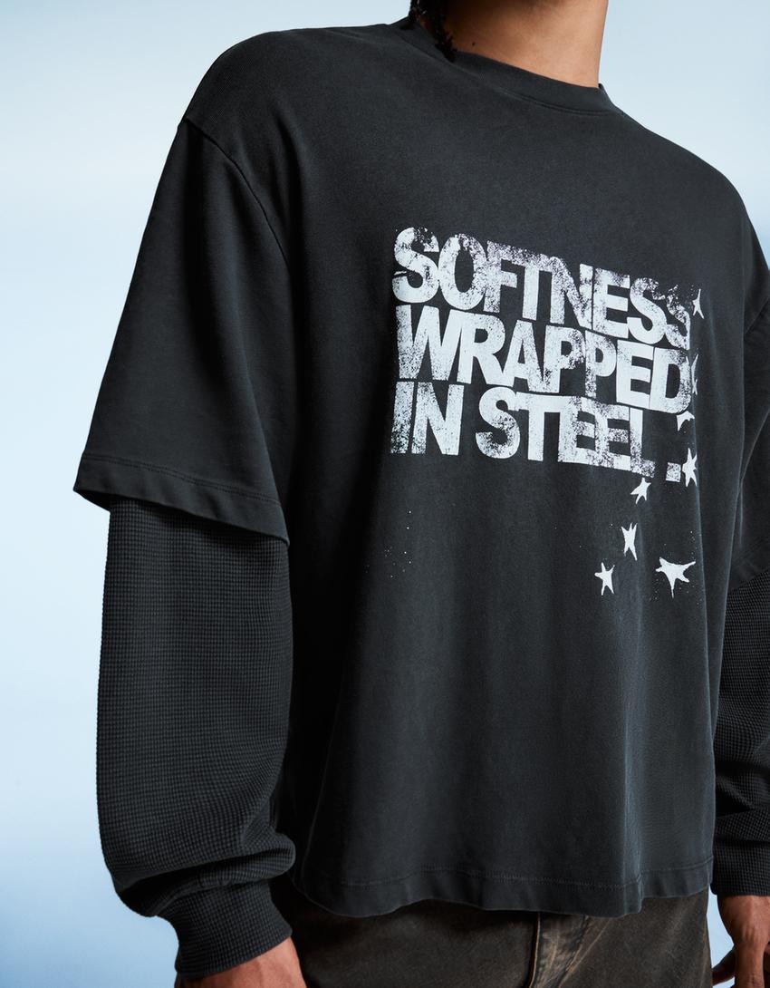 T-shirt double manche imprimé-Gris
