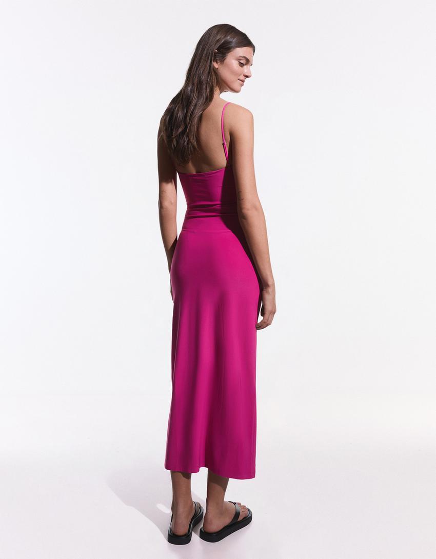 Gathered strap midi dress-Fuchsia