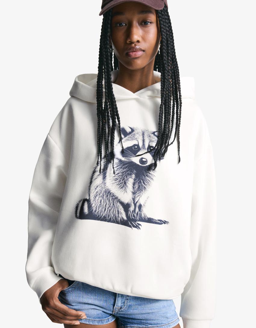 Kapuzenpullover mit Print-Rohweiß-1