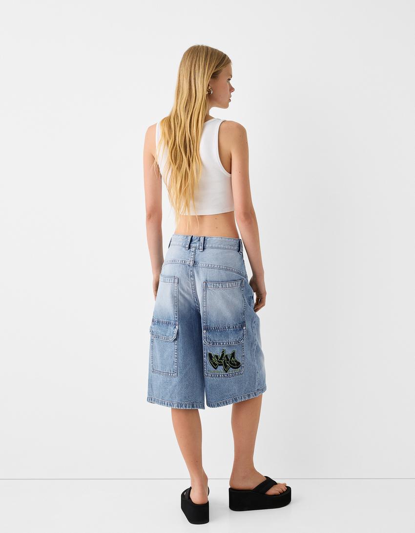 Bermuda denim super baggy broderie-Bleu lavé-1