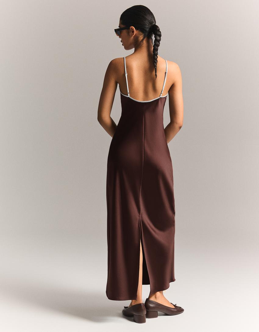 Sateen strappy midi dress-Brown