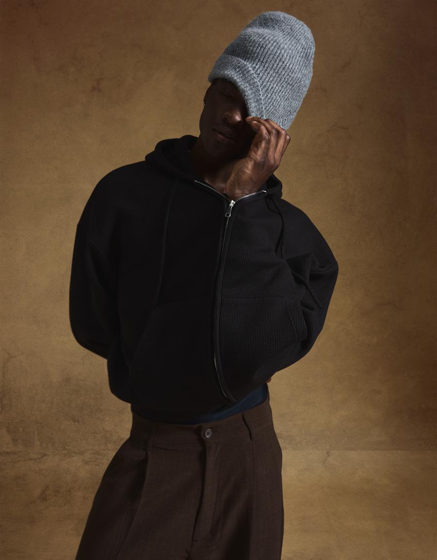 Sudadera cremallera waffle-Negro