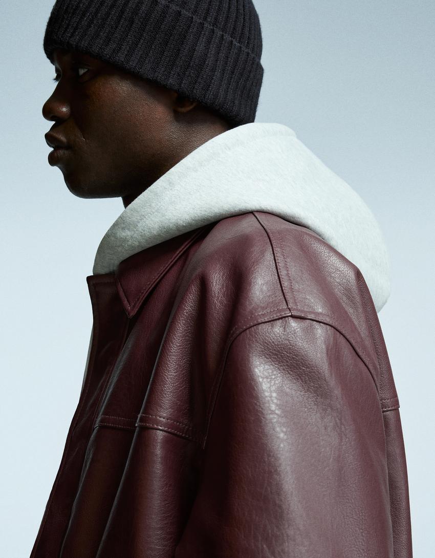 Leather effect boxy fit jacket-Burgundy-3
