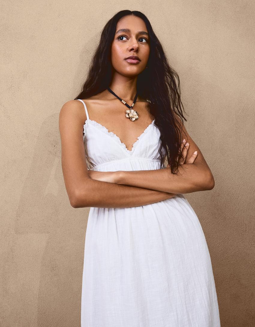 Robe midi rustique volants-Blanc-1