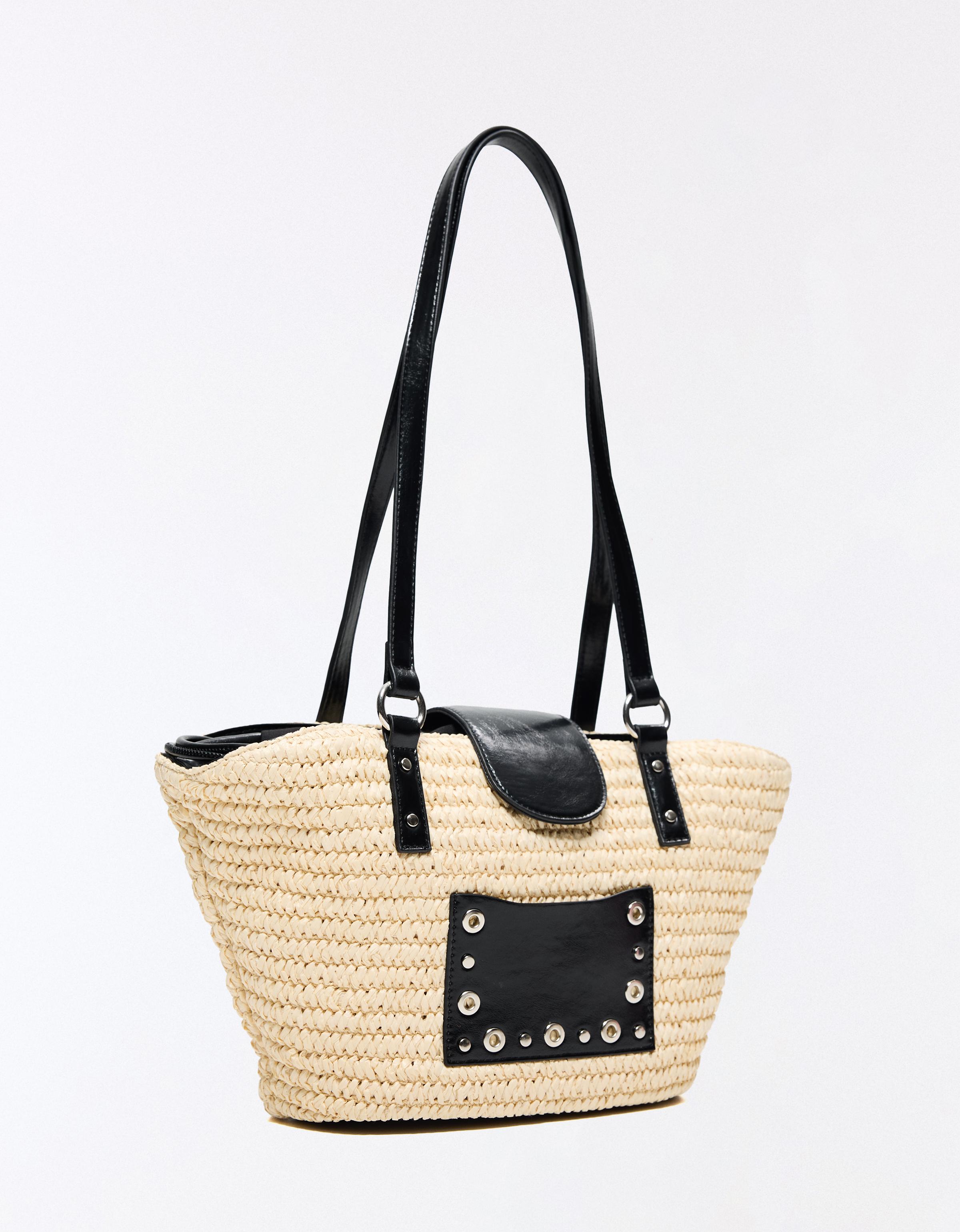 Studded raffia basket bag