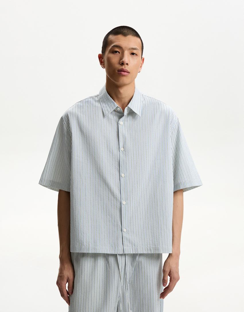 Textured boxy fit short sleeve shirt-Blue-0