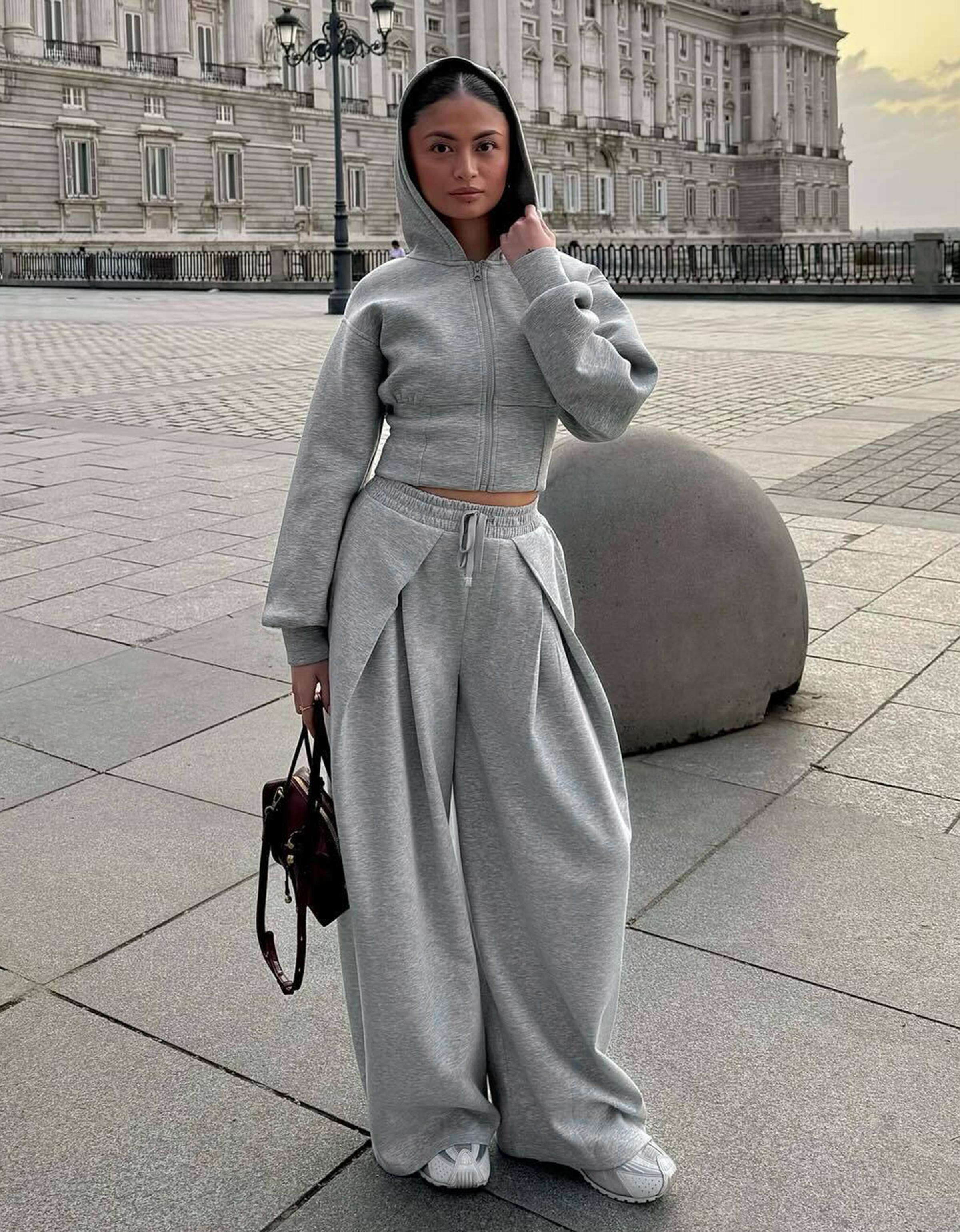 Neoprene effect wide-leg trousers with stoppers — Grey