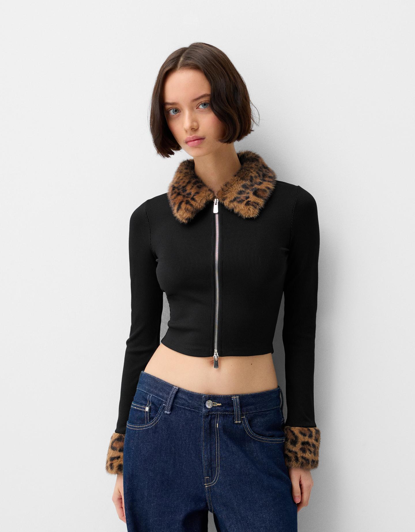 Bershka Chaqueta Detalle Cuello Puño Animal Print Mujer M Negro