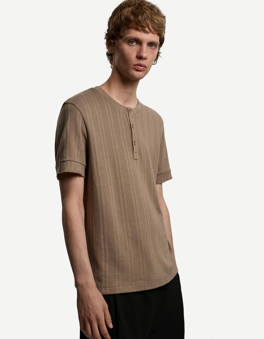 Textured short sleeve T-shirt with buttons-Brown-0