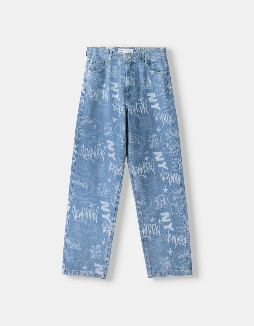 Jean baggy imprimé-Bleu lavé-4