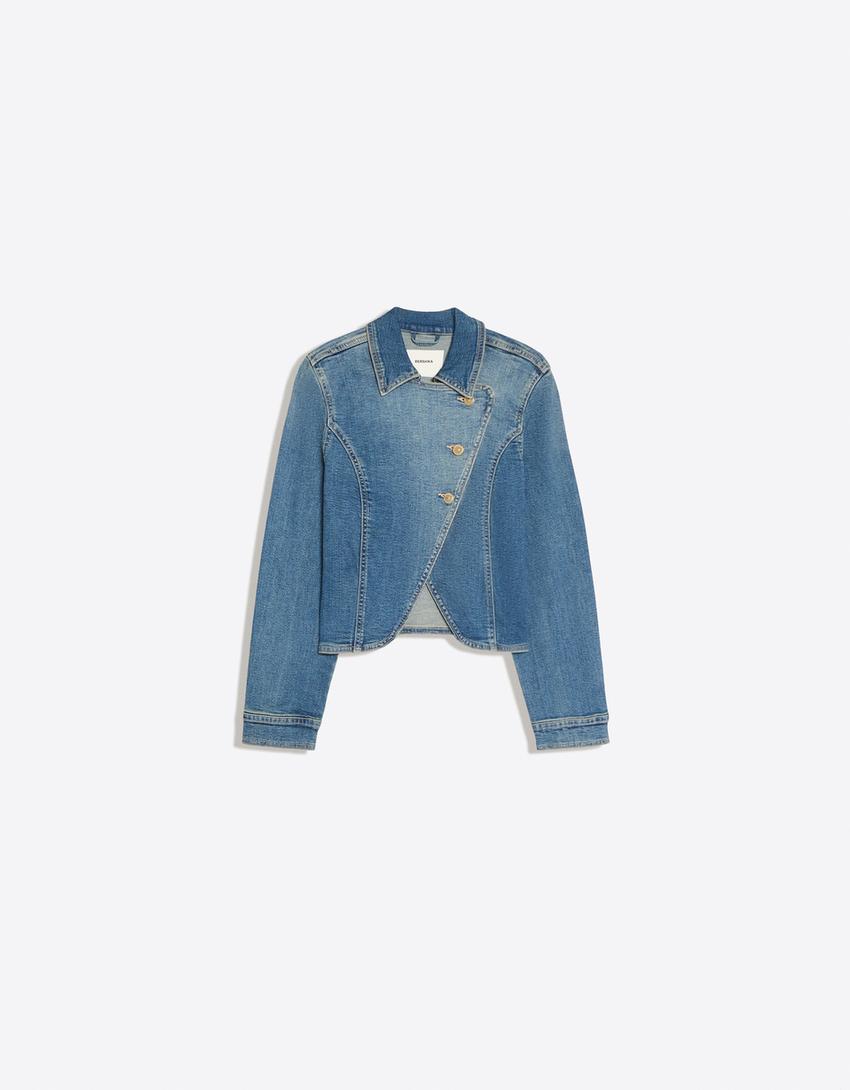 Giacca in denim fitted asimmetrica-Azzurro
