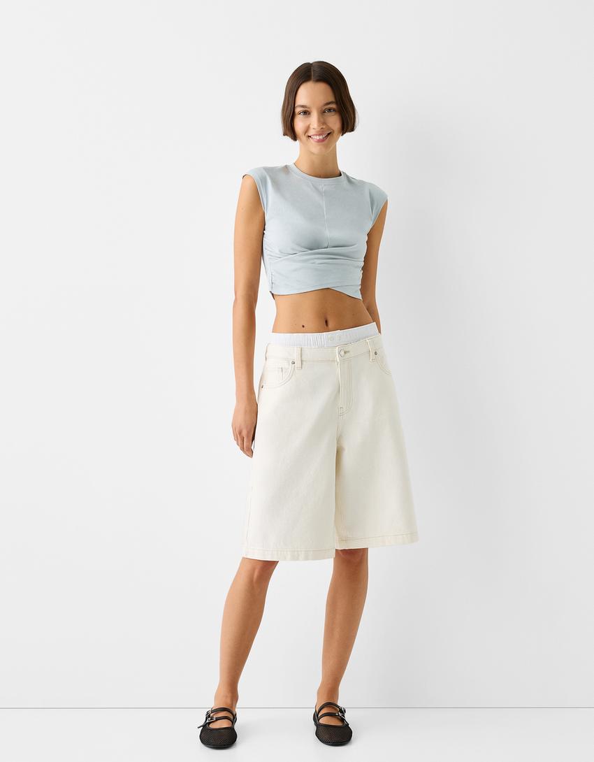 Sleeveless T-shirt with crossover front-Light blue-3