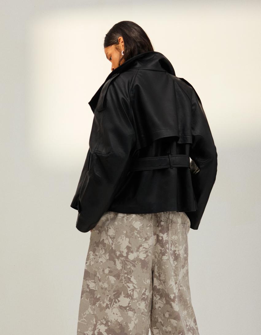 Cropped leather effect trench jacket-Black