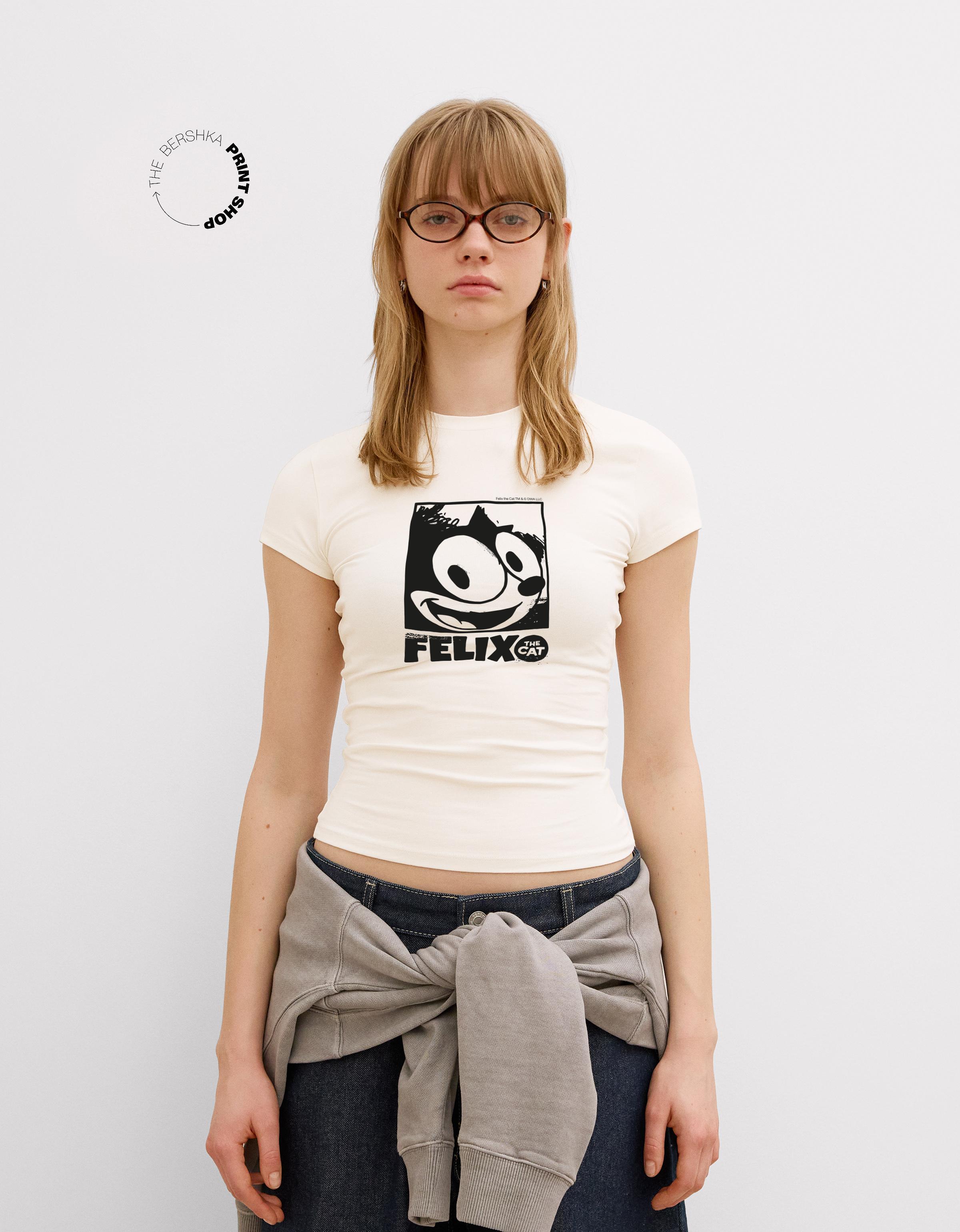 Bershka Felix The Cat T-Shirt Mit Kurzen Ärmeln Damen Xl Grbrochenes Weiss
