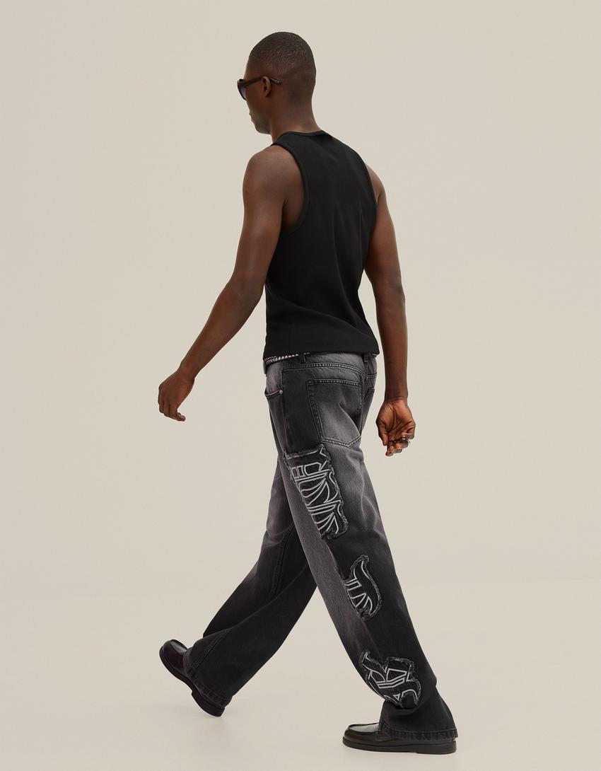 Yamalı baggy fit jean-Siyah