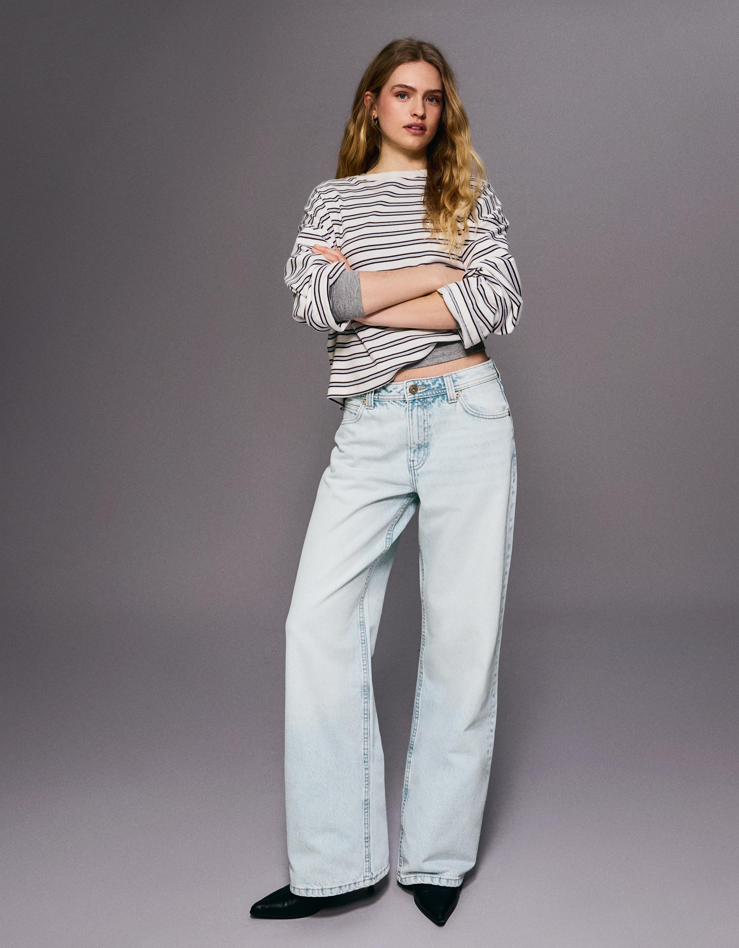Bershka Jeans Baggy Tiro Medio Mujer Azul Lavado