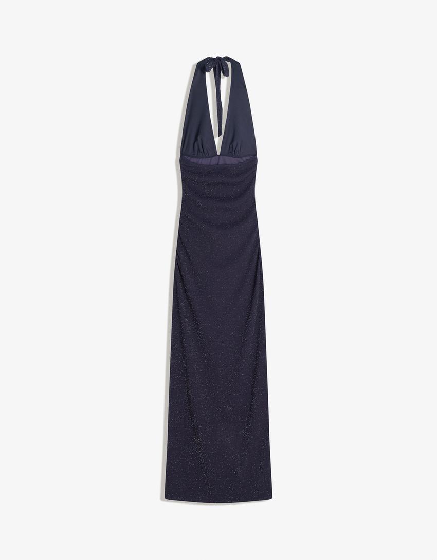 Vestito midi collo halter brillante-Marino