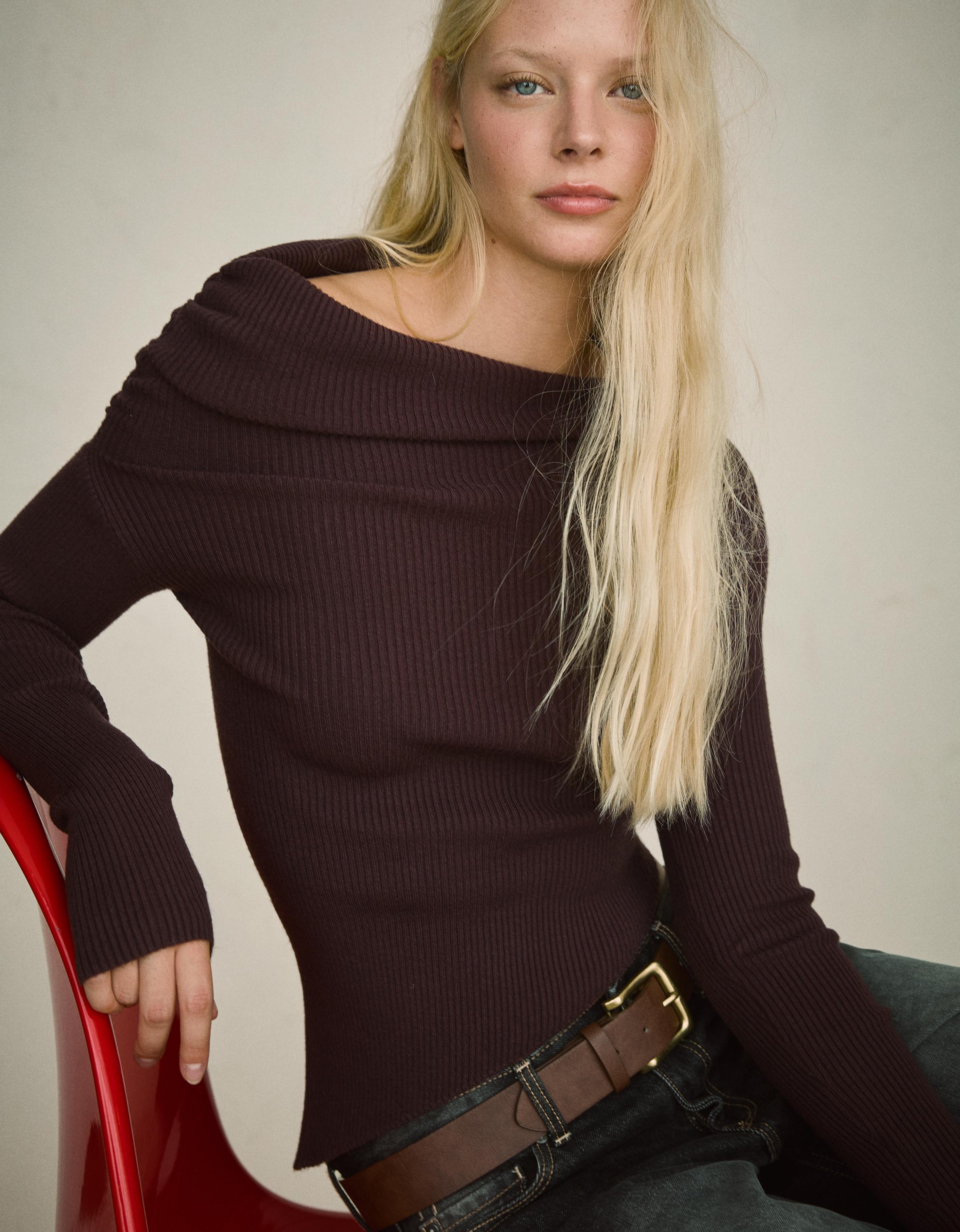 Bershka Asymmetrischer Pullover Mit Raffung Damen M Braun