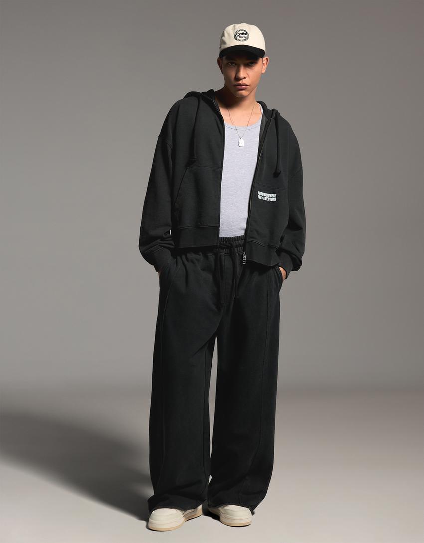 Boxy fit zip-up sweatshirt with print-Grey