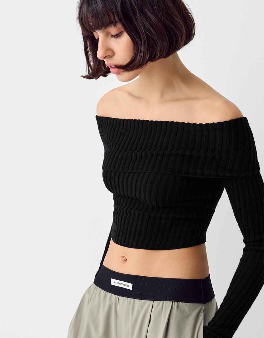 تيشرت باردو مضلع بأكمام طويلة-أسود-5