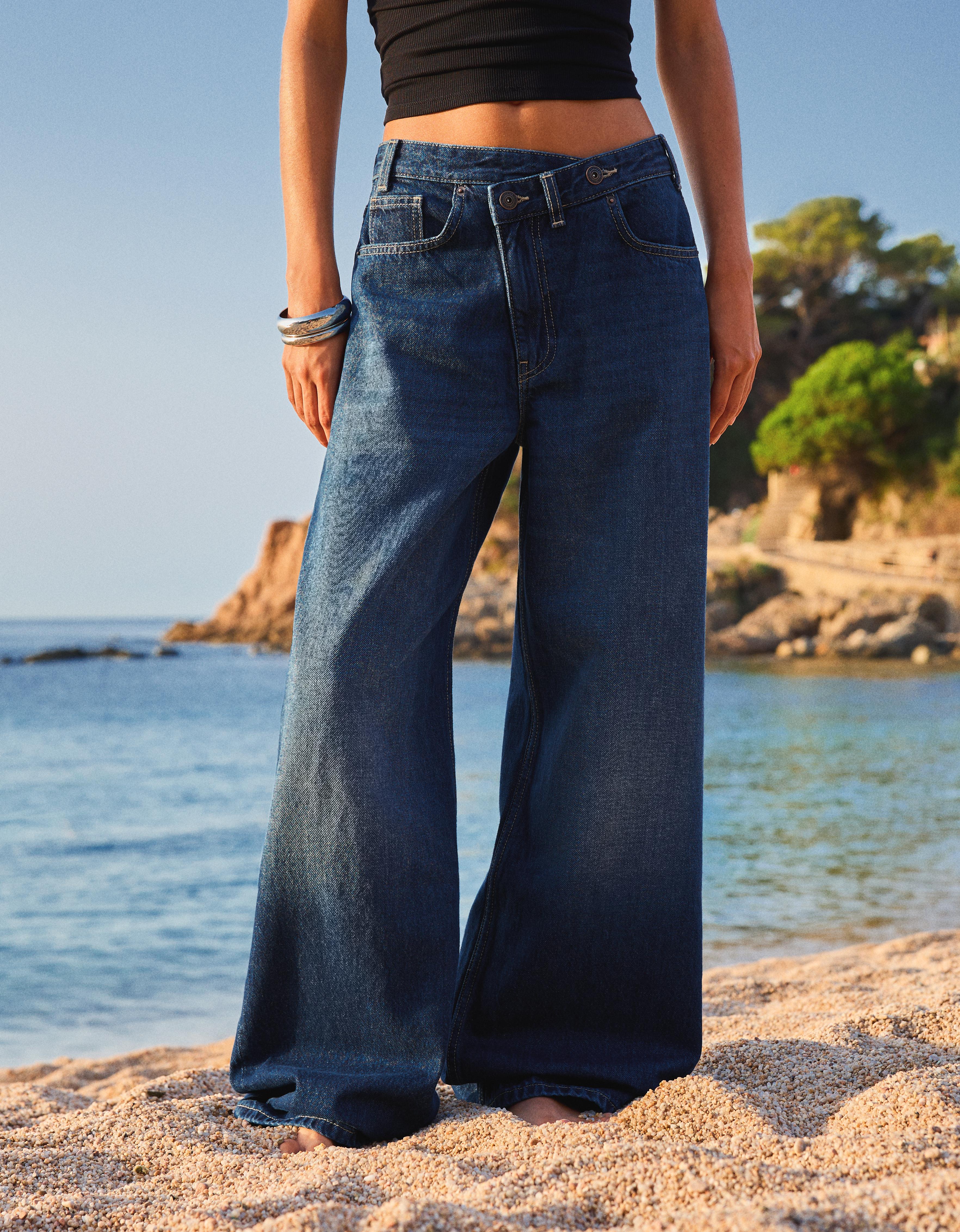 Wide-leg cross-waist jeans — Blue