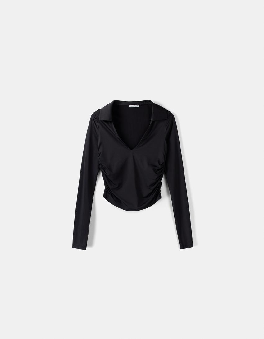 تيشرت من مزيج نايلون بأكمام طويلة وياقة بولو-أسود-4