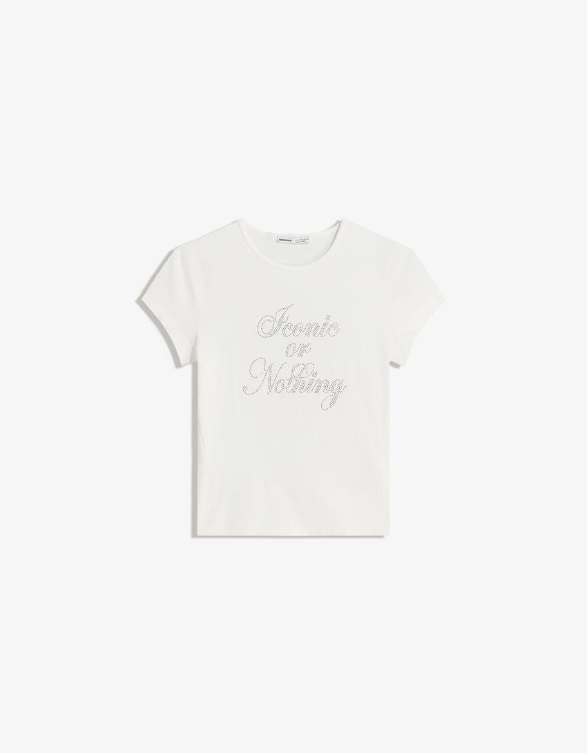 Short sleeve rhinestone T-shirt-Cream-4
