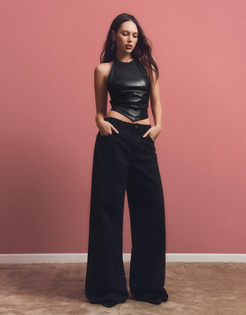 Leather effect halter top-Black