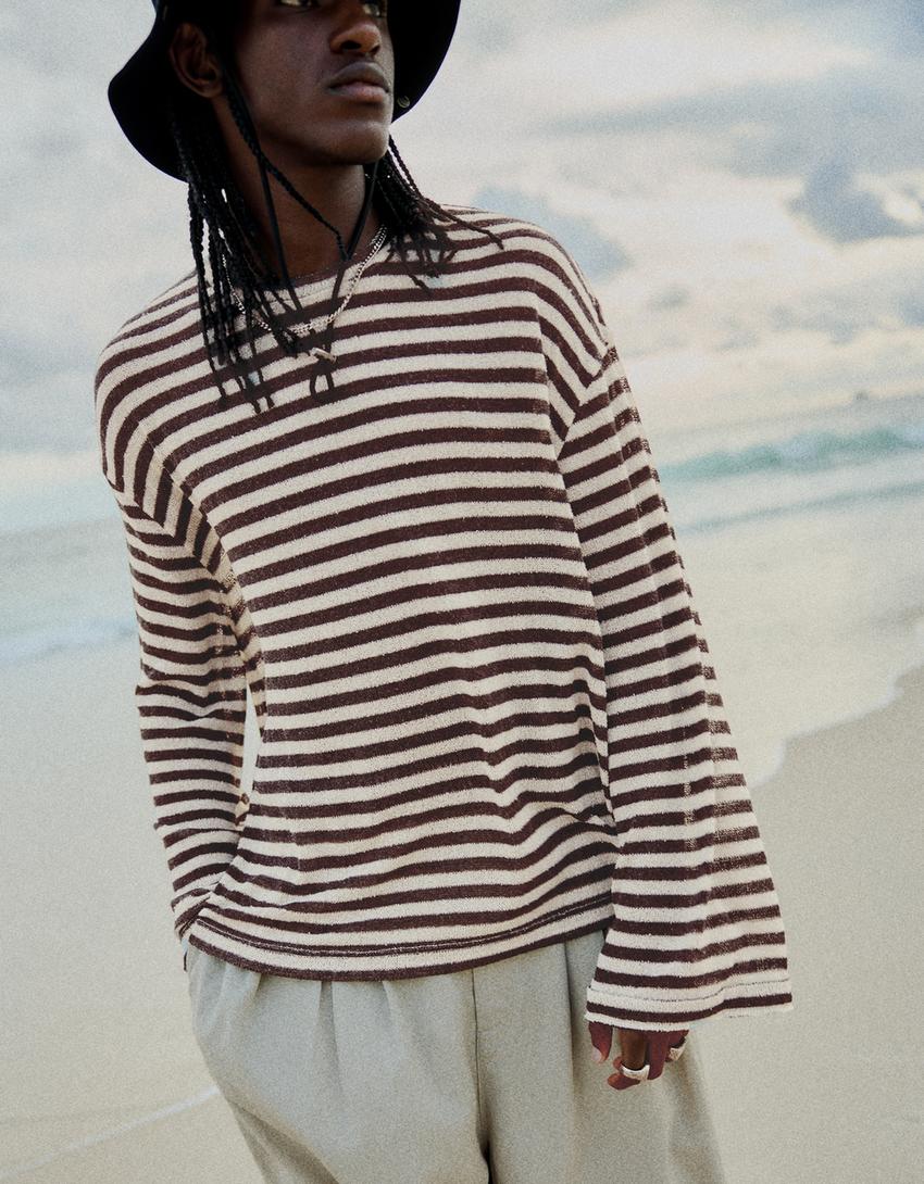 Striped long sleeve T-shirt-Cream
