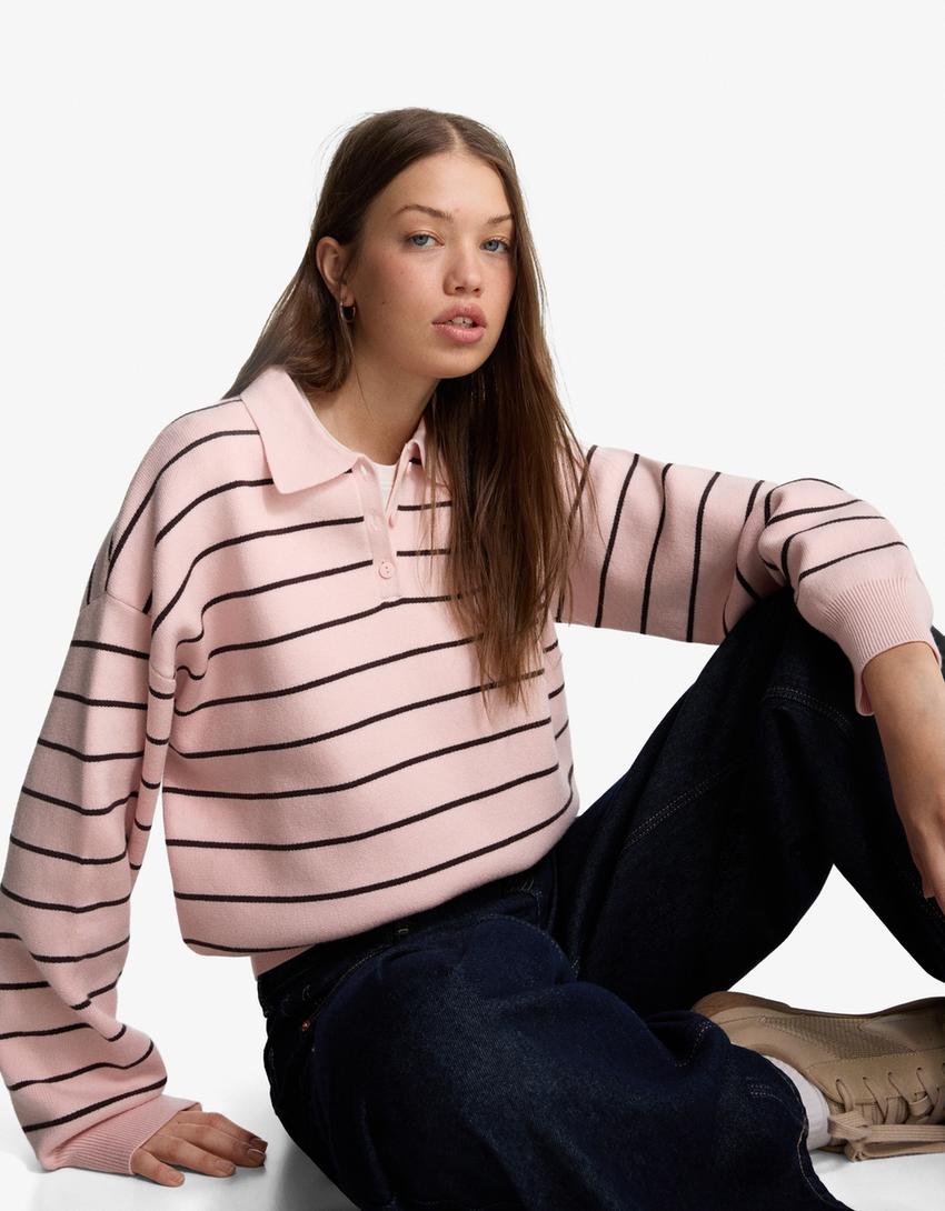 Polo collar sweater-Pink