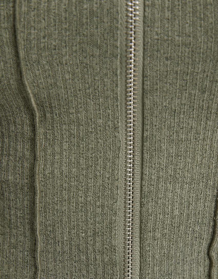 Gilet col Bardot maille fermeture Éclair-Kaki-6