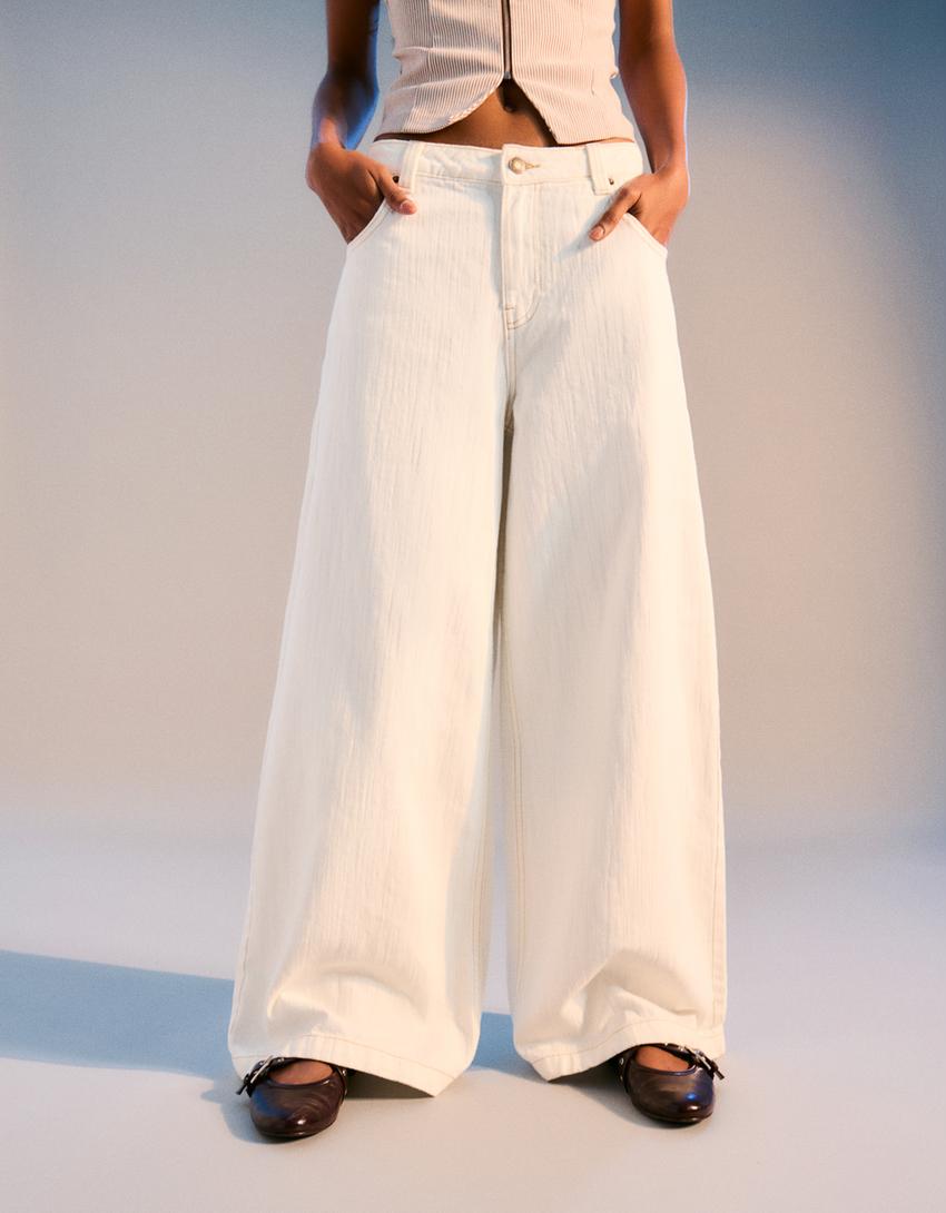 Pantaloni wide leg-Ecru-2