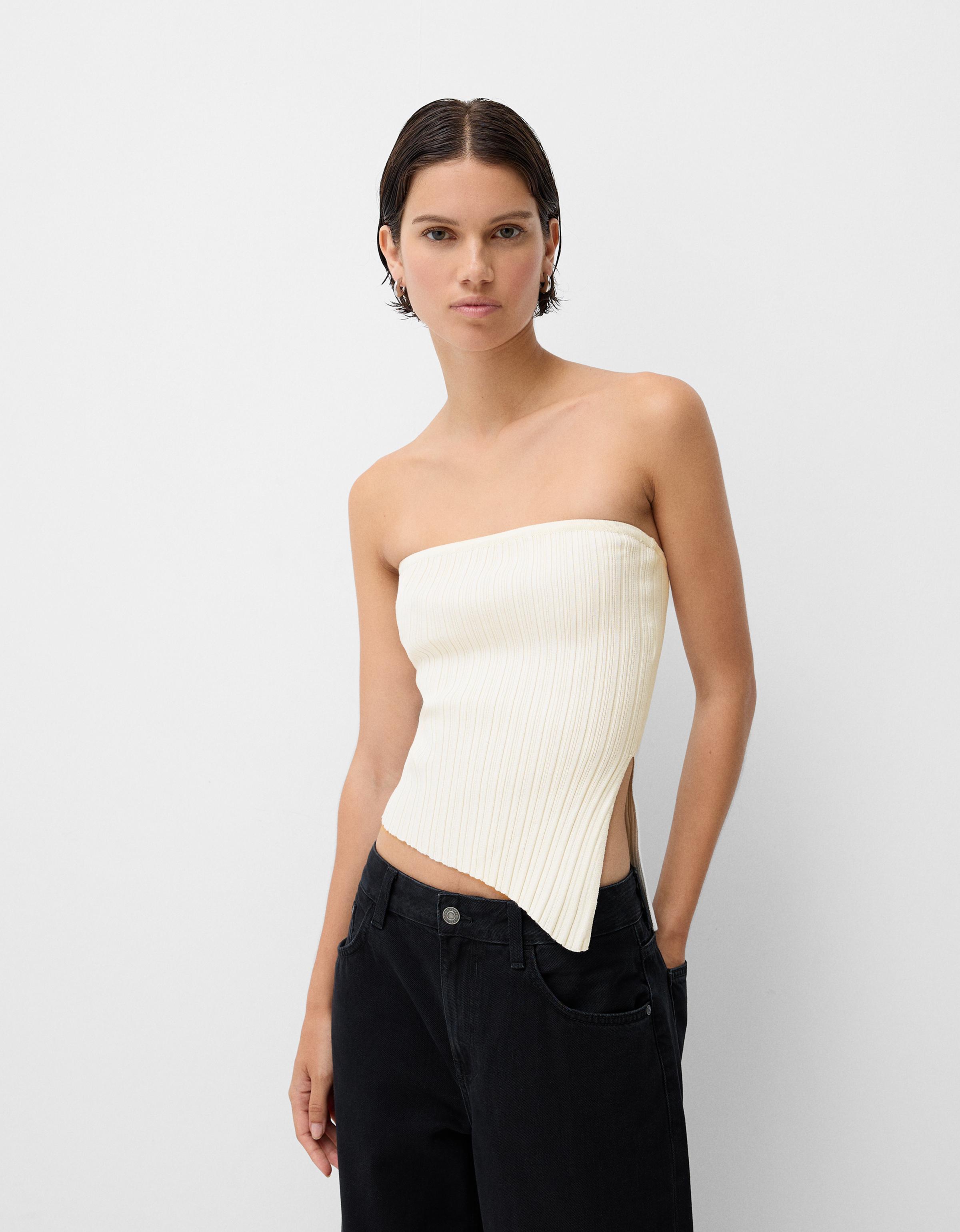 Bershka Asymmetrisches Bandeau-Top Damen S Rohweiß