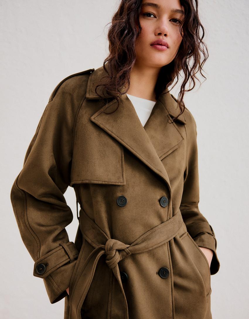 Abrigo trench efecto suede-Visón