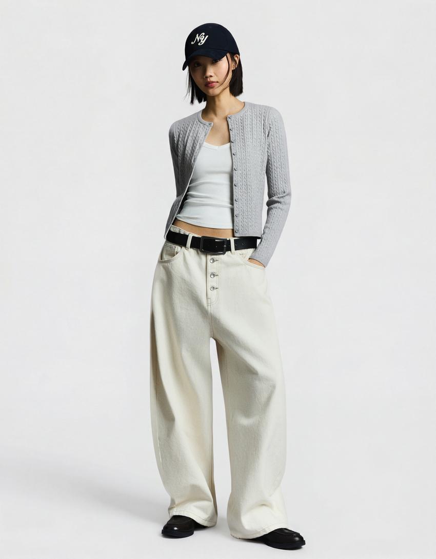 Kardigan kancing button-up anyaman-Abu-abu