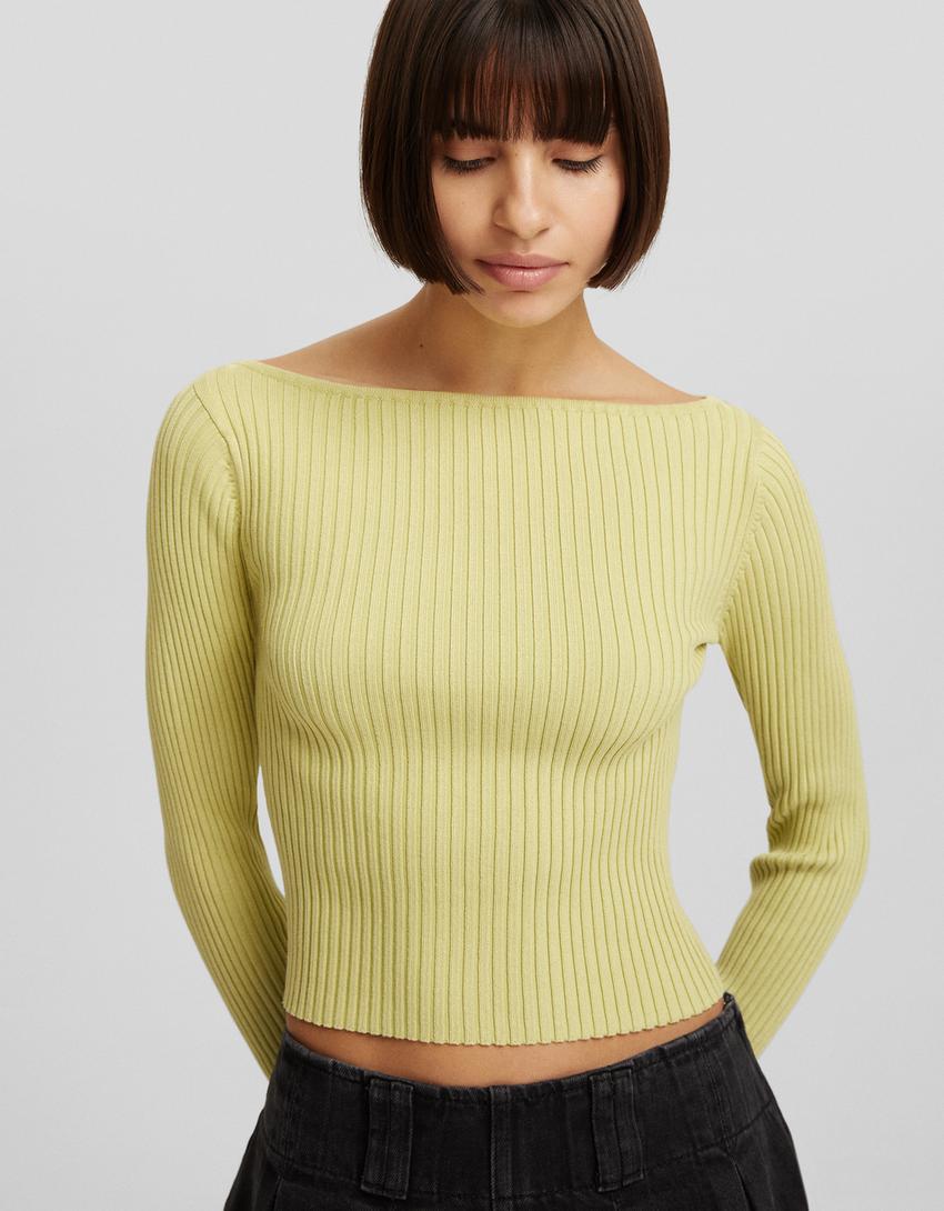 Ribbed boat neck sweater-Green-2