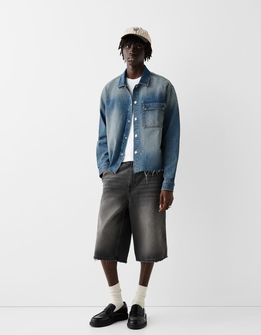 Cropped denim shirt-Washed out blue-3