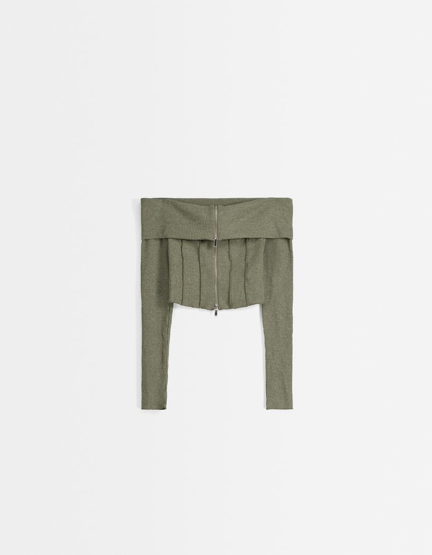 Gilet col Bardot maille fermeture Éclair-Kaki-5