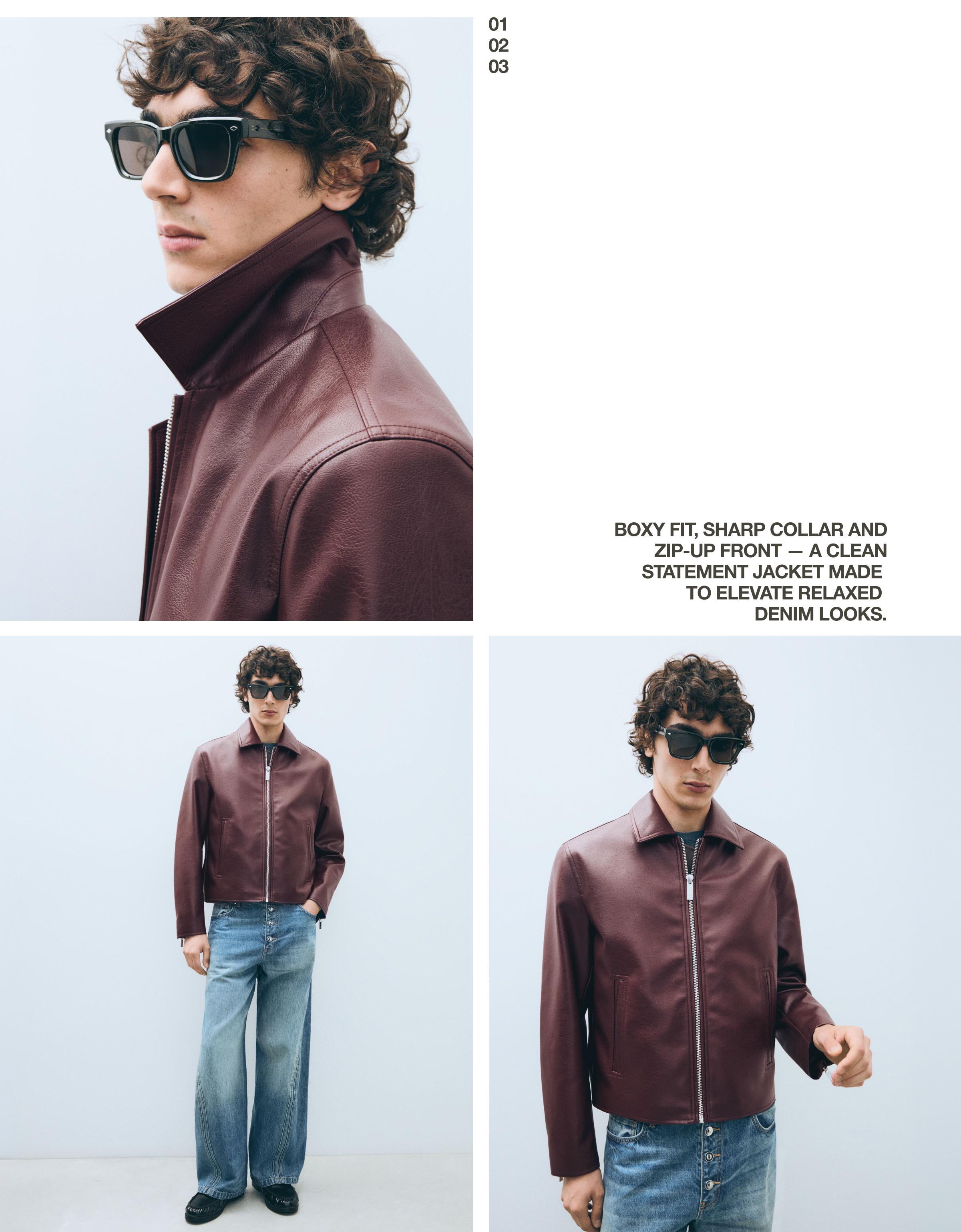Boxy leather effect jacket — Burgundy