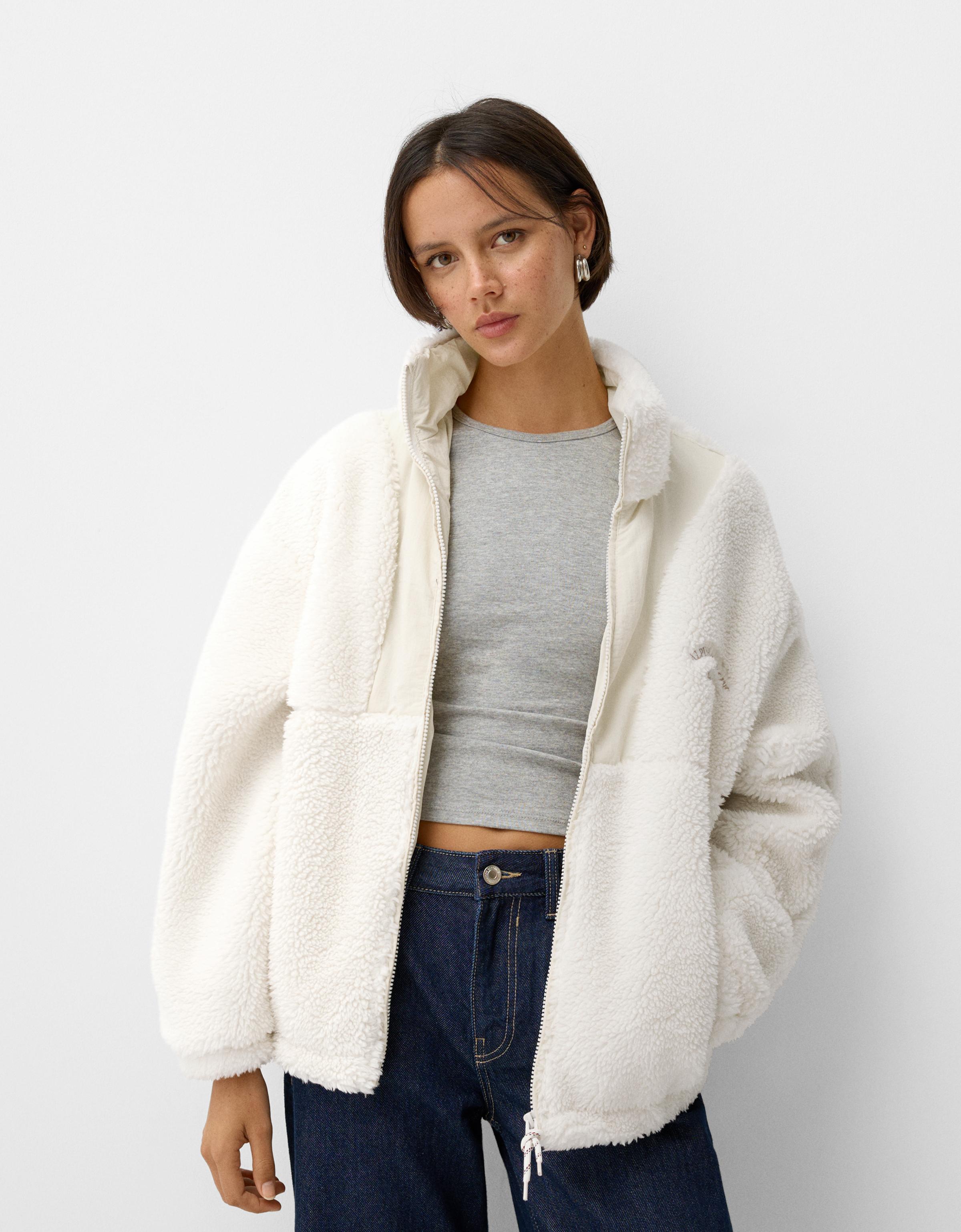 Faux shearling jacket with contrast detail