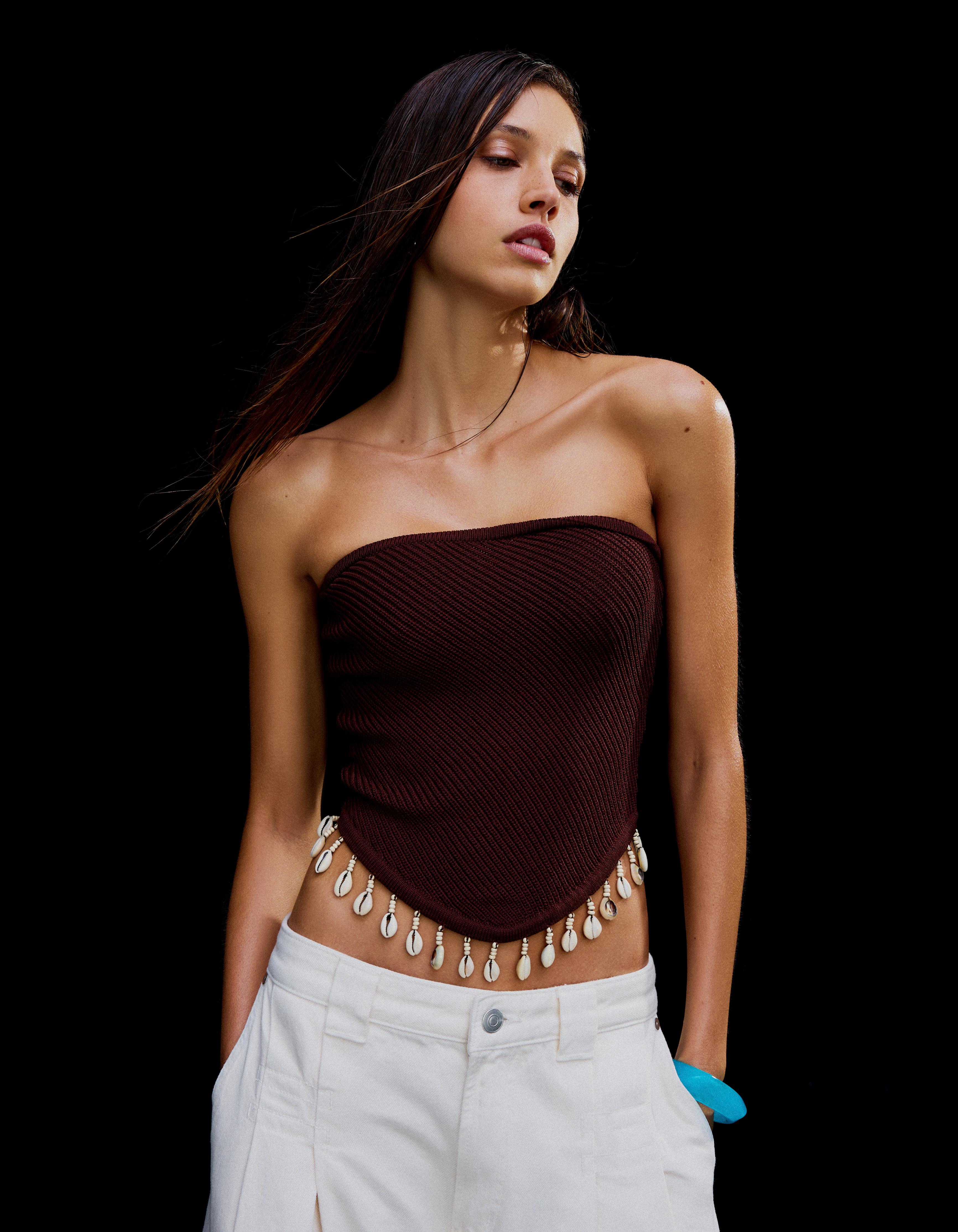 Bershka Top Bandeau Conchas Mujer Burdeos