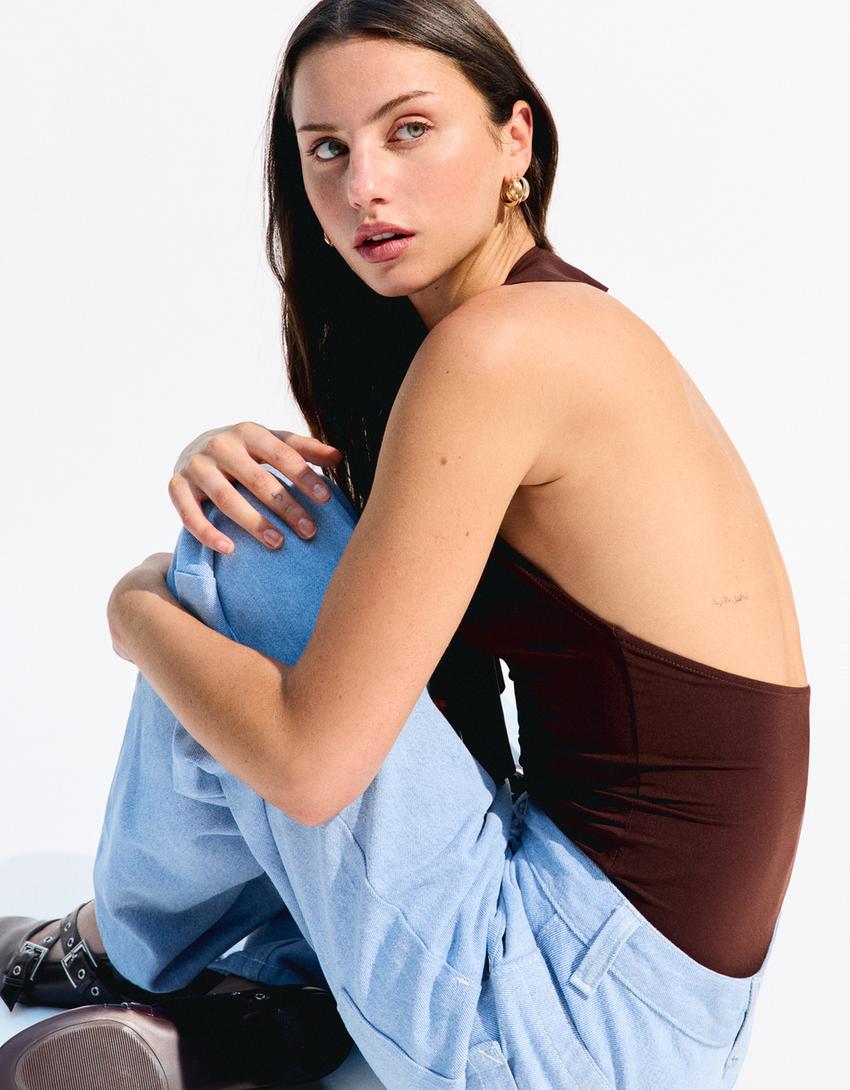 Strappy draped bodysuit-Brown-2