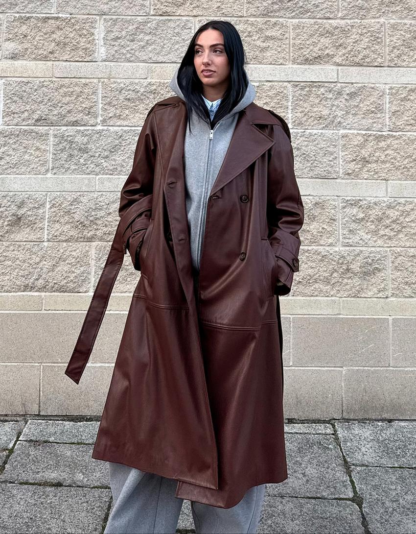 Faux leather trench coat-Maroon
