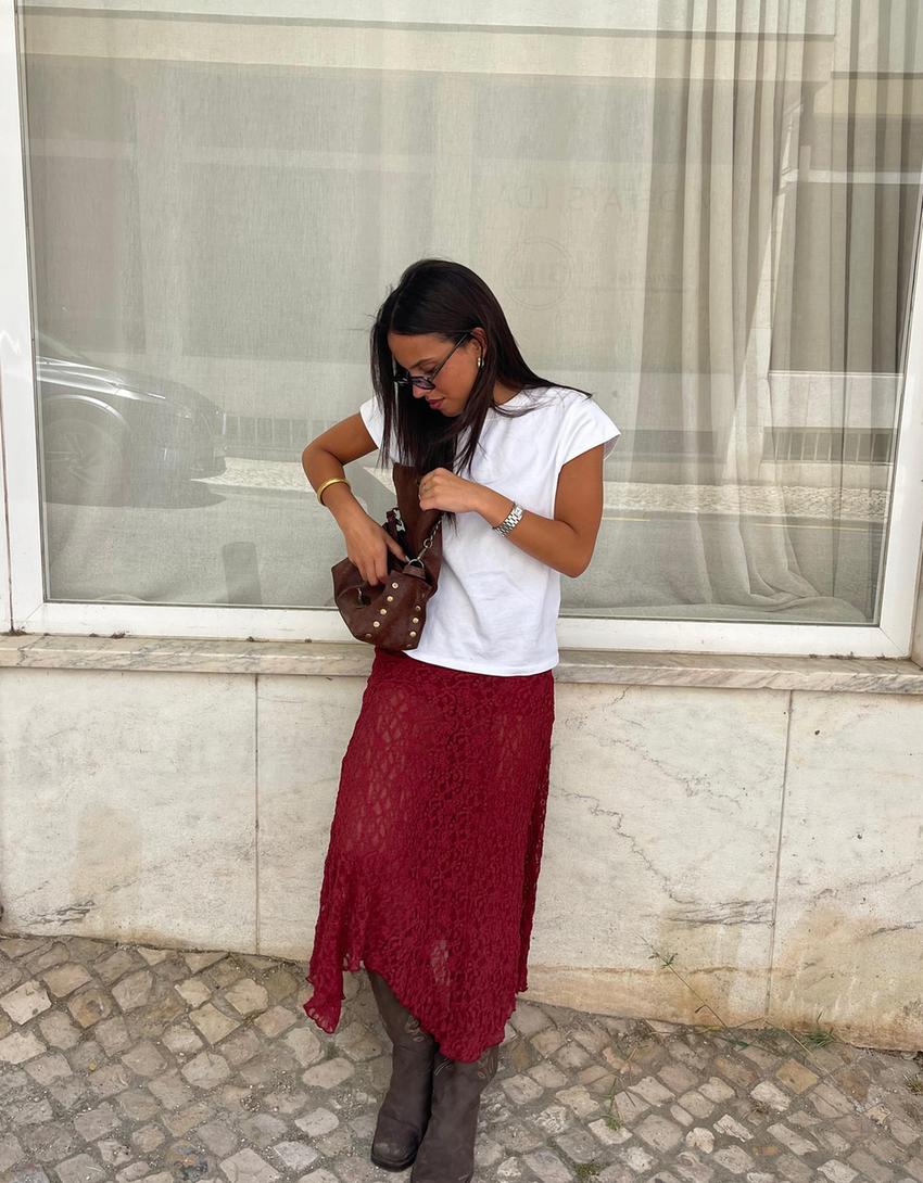 Blonde lace midi skirt-Burgundy